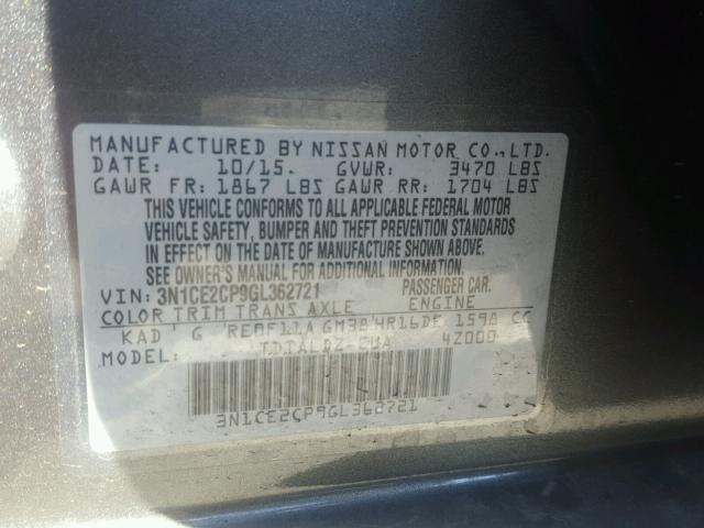 3N1CE2CP9GL362721 - 2016 NISSAN VERSA NOTE GRAY photo 10