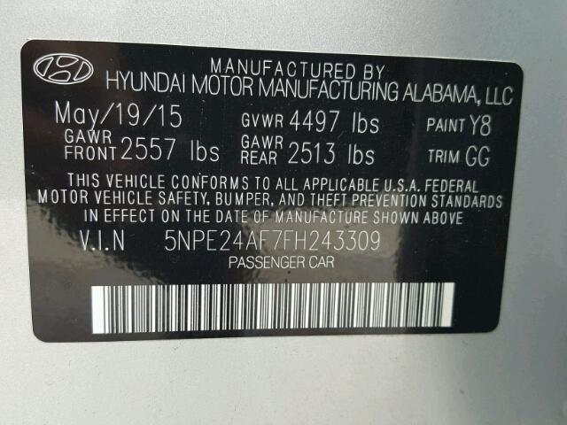 5NPE24AF7FH243309 - 2015 HYUNDAI SONATA SE SILVER photo 10