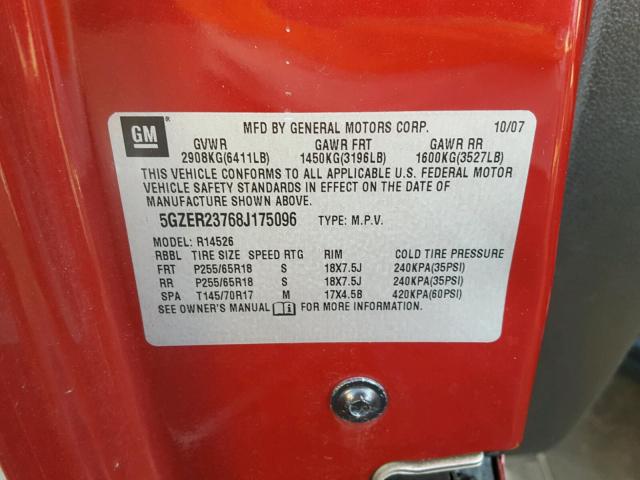 5GZER23768J175096 - 2008 SATURN OUTLOOK XR მუქწითელი ფოტო 10