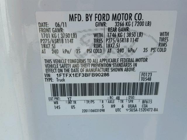 1FTFX1EF3BFB90286 - 2011 FORD F150 WHITE photo 10