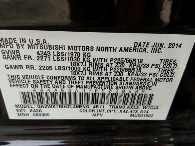 4A4AR3AU7EE030886 - 2014 MITSUBISHI OUTLANDER BLACK photo 10