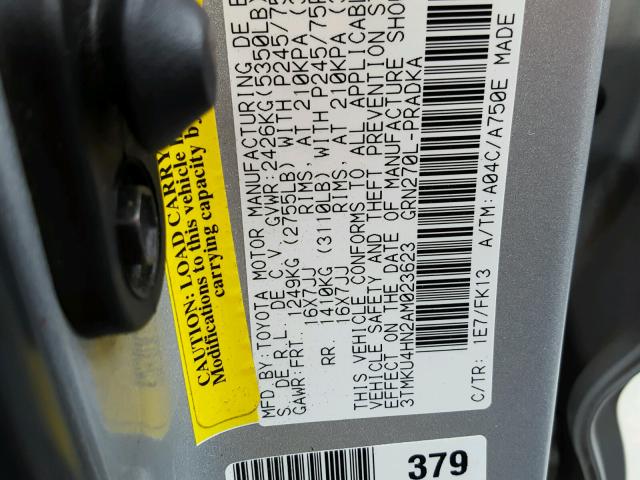 3TMKU4HN2AM023623 - 2010 TOYOTA TACOMA DOU SILVER photo 10