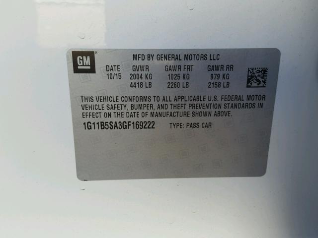 1G11B5SA3GF169222 - 2016 CHEVROLET MALIBU LIM 白色 照片 10