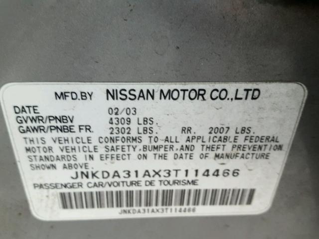 JNKDA31AX3T114466 - 2003 INFINITI I35 GRAY photo 10