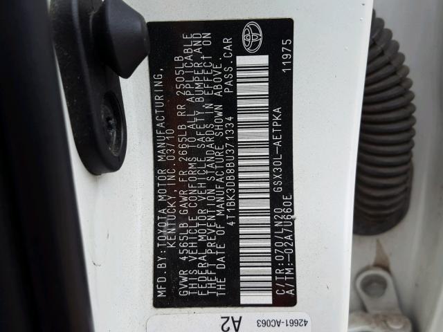 4T1BK3DB8BU371334 - 2011 TOYOTA AVALON BAS WHITE photo 10