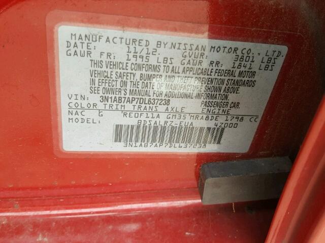 3N1AB7AP7DL637238 - 2013 NISSAN SENTRA S RED photo 10