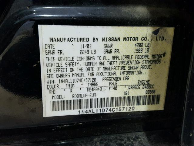 1N4AL11D74C157120 - 2004 NISSAN ALTIMA BAS BLACK photo 10