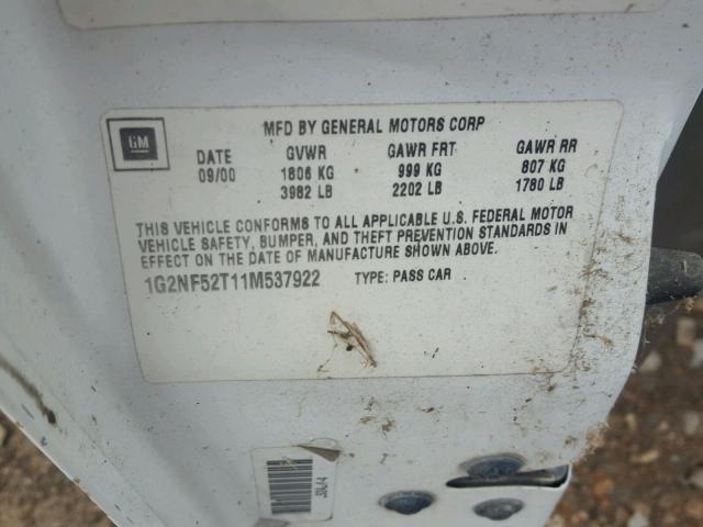 1G2NF52T11M537922 - 2001 PONTIAC GRAND AM S WHITE photo 10