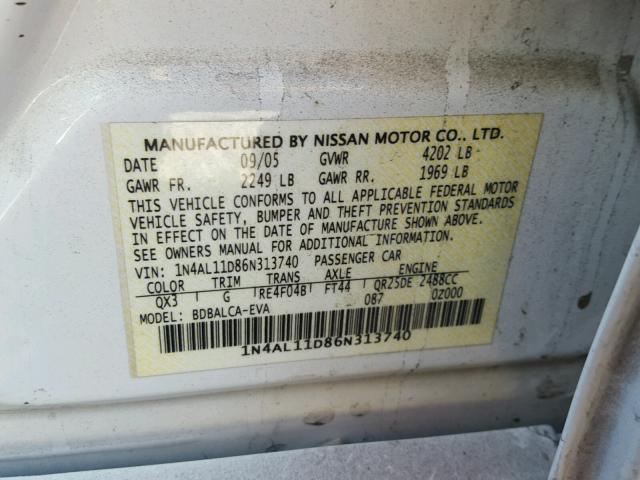 1N4AL11D86N313740 - 2006 NISSAN ALTIMA S WHITE photo 10