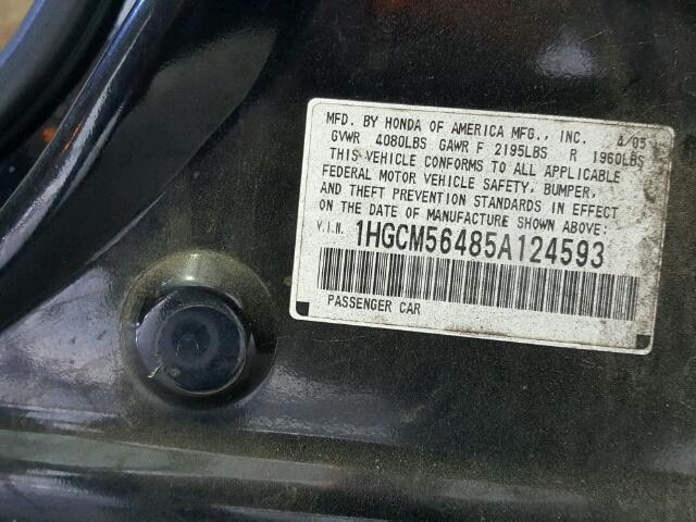 1HGCM56485A124593 - 2005 HONDA ACCORD BLACK photo 10