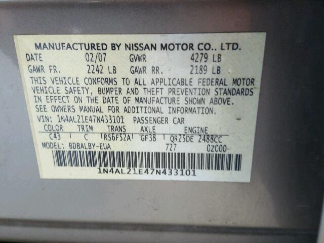 1N4AL21E47N433101 - 2007 NISSAN ALTIMA 2.5 GRAY photo 10