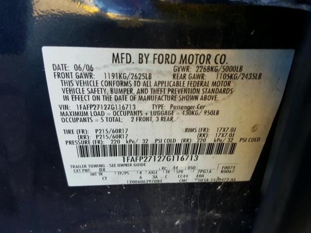 1FAFP27127G116713 - 2007 FORD FIVE HUNDR BLUE photo 10