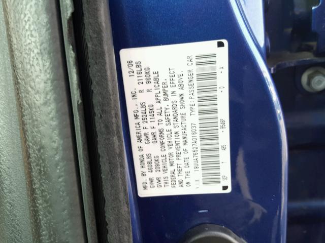 19UUA76527A016037 - 2007 ACURA TL TYPE S BLUE photo 10