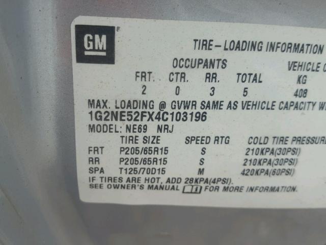 1G2NE52FX4C103196 - 2004 PONTIAC GRAND AM S Gümüş foto 10