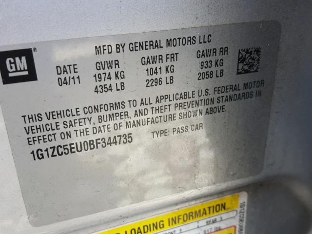 1G1ZC5EU0BF344735 - 2011 CHEVROLET MALIBU 1LT 银色 照片 10