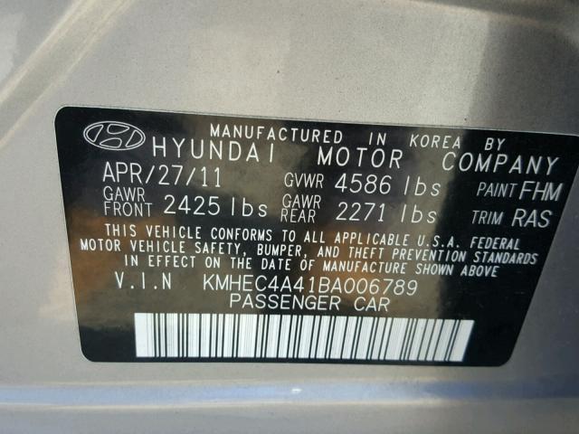 KMHEC4A41BA006789 - 2011 HYUNDAI SONATA HYB SILVER photo 10