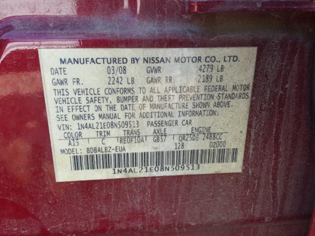 1N4AL21E08N509513 - 2008 NISSAN ALTIMA 2.5 RED photo 10