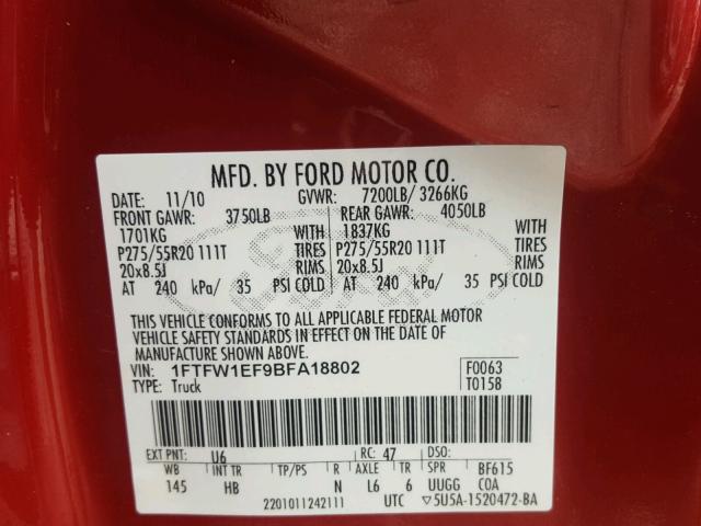 1FTFW1EF9BFA18802 - 2011 FORD F150 MAROON photo 10