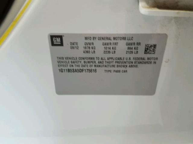 1G11B5SA5DF175616 - 2013 CHEVROLET MALIBU LS თეთრი ფოტო 10