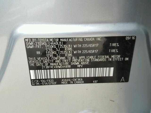 2T3BFREVXHW544898 - 2017 TOYOTA RAV4 银色 照片 10