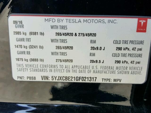 5YJXCBE21GF021317 - 2016 TESLA MODEL X BLACK photo 10