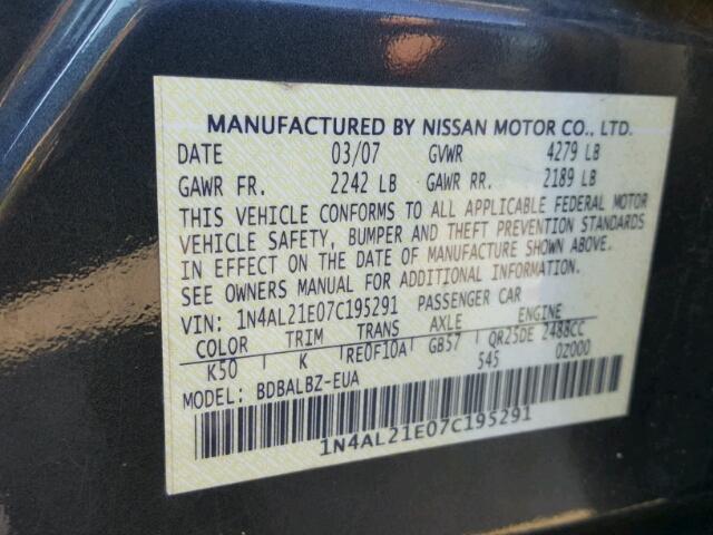 1N4AL21E07C195291 - 2007 NISSAN ALTIMA 2.5 GRAY photo 10