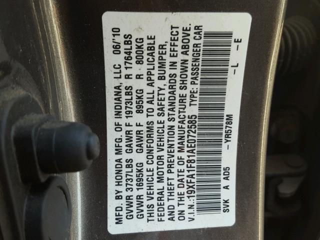 19XFA1F81AE072585 - 2010 HONDA CIVIC EX CHARCOAL photo 10