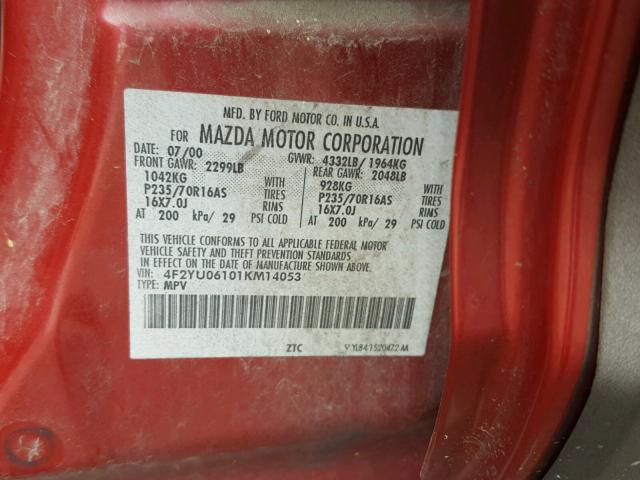 4F2YU06101KM14053 - 2001 MAZDA TRIBUTE DX 红色 照片 10
