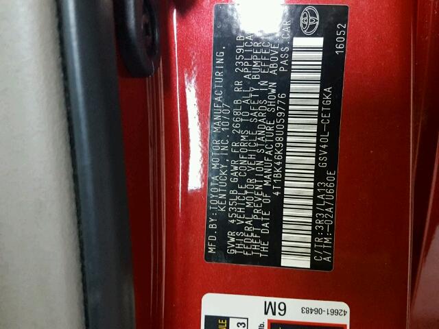 4T1BK46K98U059776 - 2008 TOYOTA CAMRY LE წითელი ფოტო 10