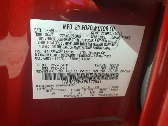 1FAHP25WX9G122835 - 2009 FORD TAURUS LIM RED photo 10