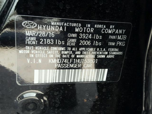 KMHD74LF1HU153801 - 2017 HYUNDAI ELANTRA SE BLACK photo 10