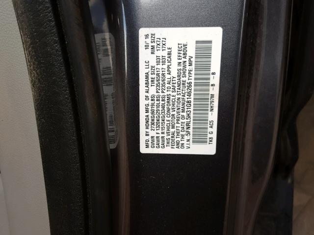 5FNRL5H31GB146266 - 2016 HONDA ODYSSEY SE CHARCOAL photo 10