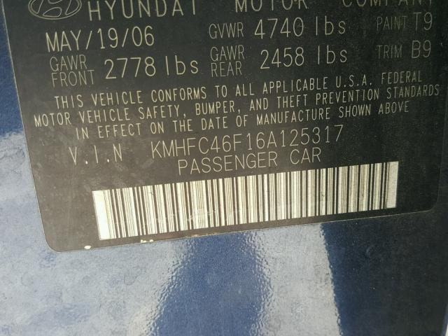 KMHFC46F16A125317 - 2006 HYUNDAI AZERA SE BLUE photo 10