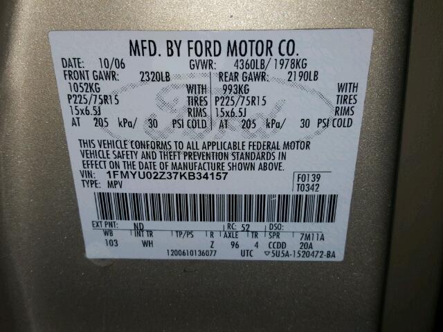 1FMYU02Z37KB34157 - 2007 FORD ESCAPE XLS GOLD photo 10