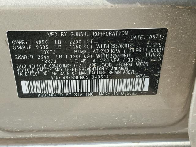 4S4BSENC9H3406142 - 2017 SUBARU OUTBACK 3. SILVER photo 10