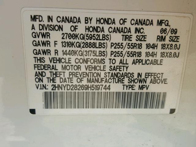 2HNYD28269H519744 - 2009 ACURA MDX WHITE photo 10