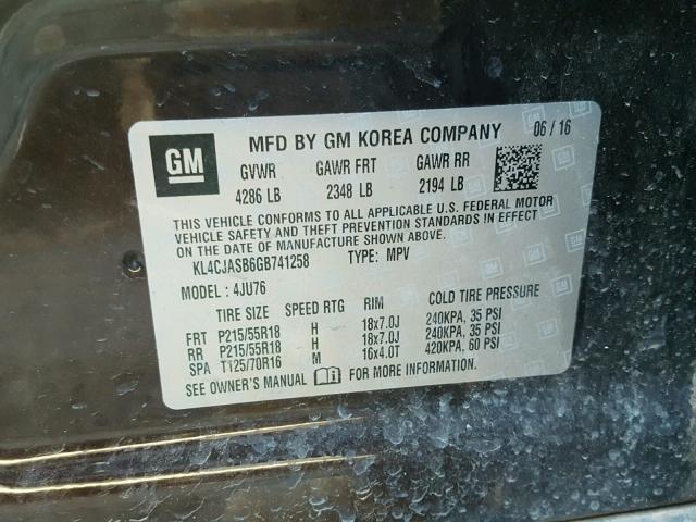 KL4CJASB6GB741258 - 2016 BUICK ENCORE BROWN photo 10