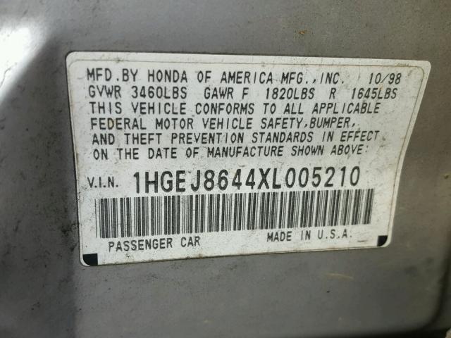 1HGEJ8644XL005210 - 1999 HONDA CIVIC EX 银色 照片 10