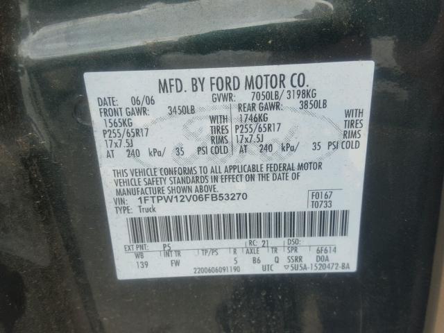 1FTPW12V06FB53270 - 2006 FORD F150 GREEN photo 10