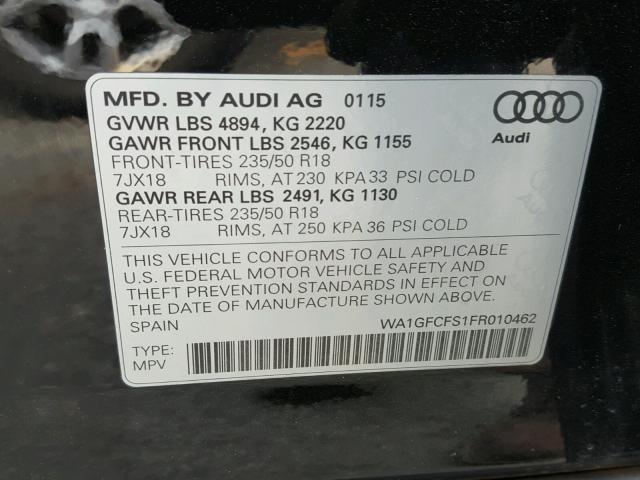 WA1GFCFS1FR010462 - 2015 AUDI Q3 PRESTIG BLACK photo 10