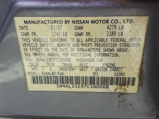 1N4AL21E97C160068 - 2007 NISSAN ALTIMA 2.5 GRAY photo 10