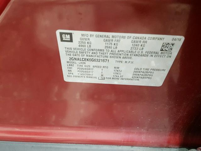 2GNALCEK6G6321671 - 2016 CHEVROLET EQUINOX RED photo 10