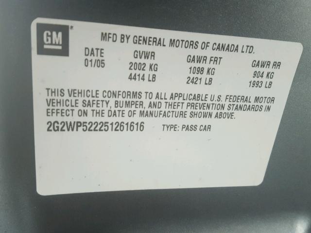 2G2WP522251261616 - 2005 PONTIAC GRAND PRIX GRAY photo 10