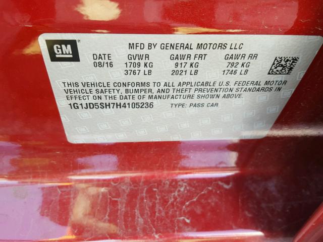 1G1JD5SH7H4105236 - 2017 CHEVROLET SONIC LT BURGUNDY photo 10