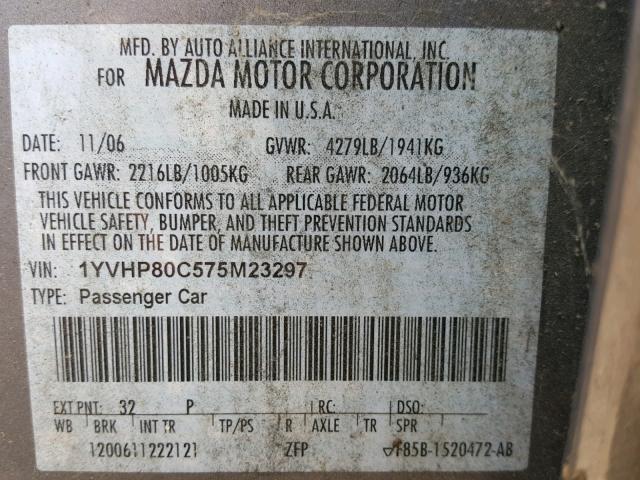 1YVHP80C575M23297 - 2007 MAZDA MAZDA6 SILVER photo 10