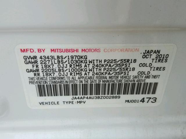 JA4AP4AU3BZ002889 - 2011 MITSUBISHI OUTLANDER WHITE photo 10