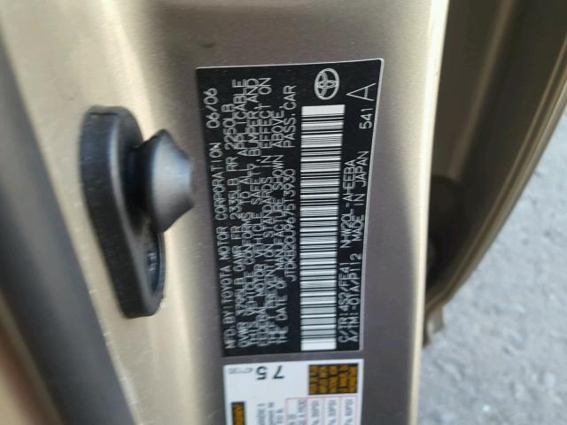 JTDKB20U967513930 - 2006 TOYOTA PRIUS GOLD photo 10