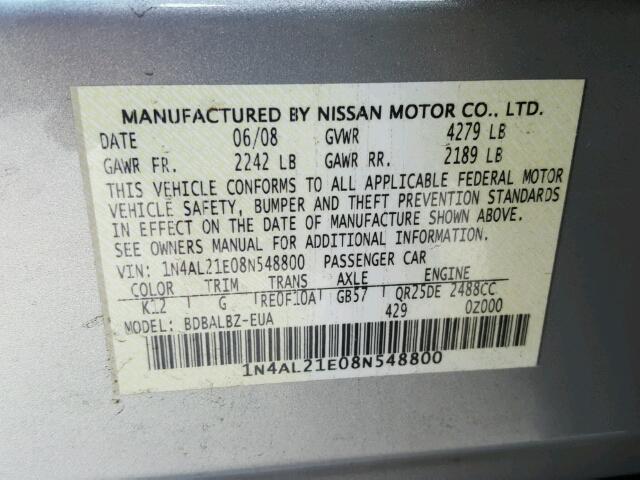 1N4AL21E08N548800 - 2008 NISSAN ALTIMA SILVER photo 10