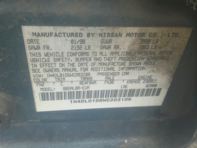 1N4DL01D6WC203109 - 1998 NISSAN ALTIMA XE GREEN photo 10