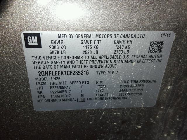 2GNFLEEK7C6235216 - 2012 CHEVROLET EQUINOX LT GRAY photo 10